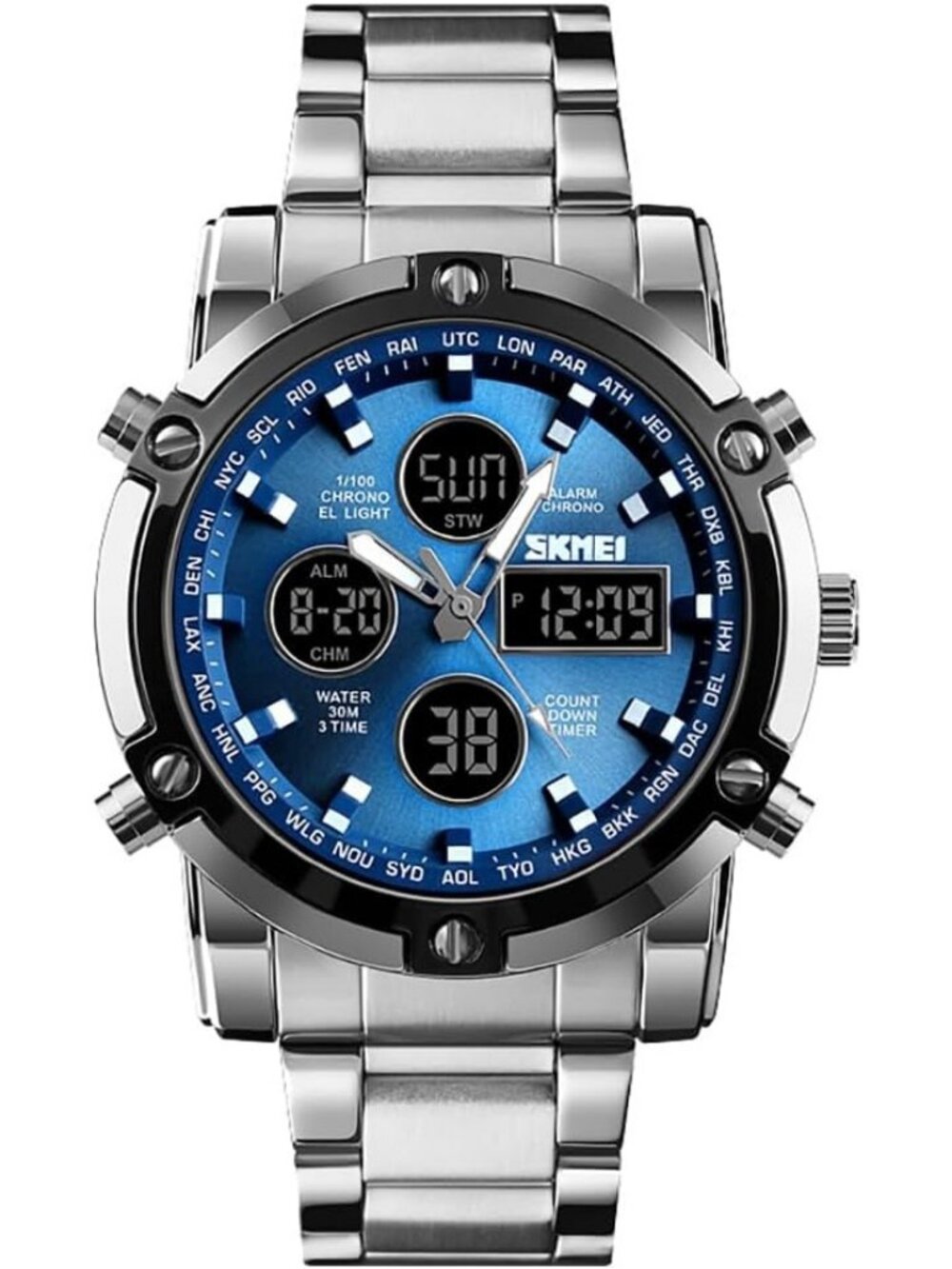 Men’s Silver Blue Analog-Digital Stainless Steel Large Face Chronograph Watch